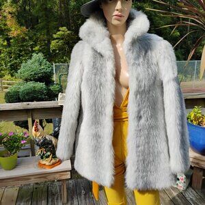 Vintage French Faux Fur Coat – Silver Gray Plush – Open Front Shawl Collar